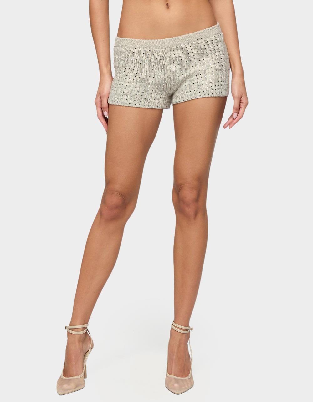 EDIKTED Mackenzie Rhinestone Knit Shorts - BEIGE