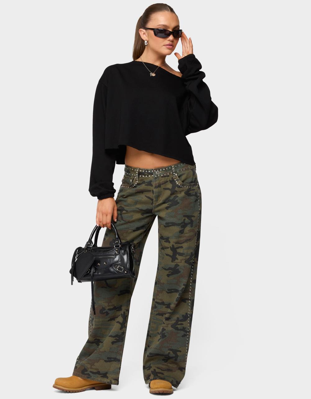 EDIKTED Quincy Studded Low Rise Baggy Jeans - DK GREEN