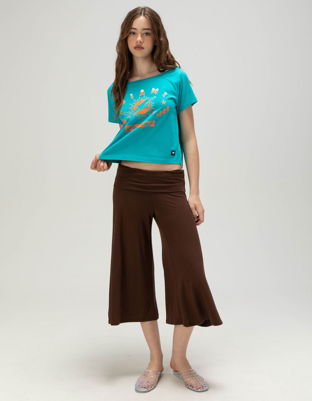 The WILD COLLECTIVE Miami Dolphins Womens Off Shoulder Tee - BLUE