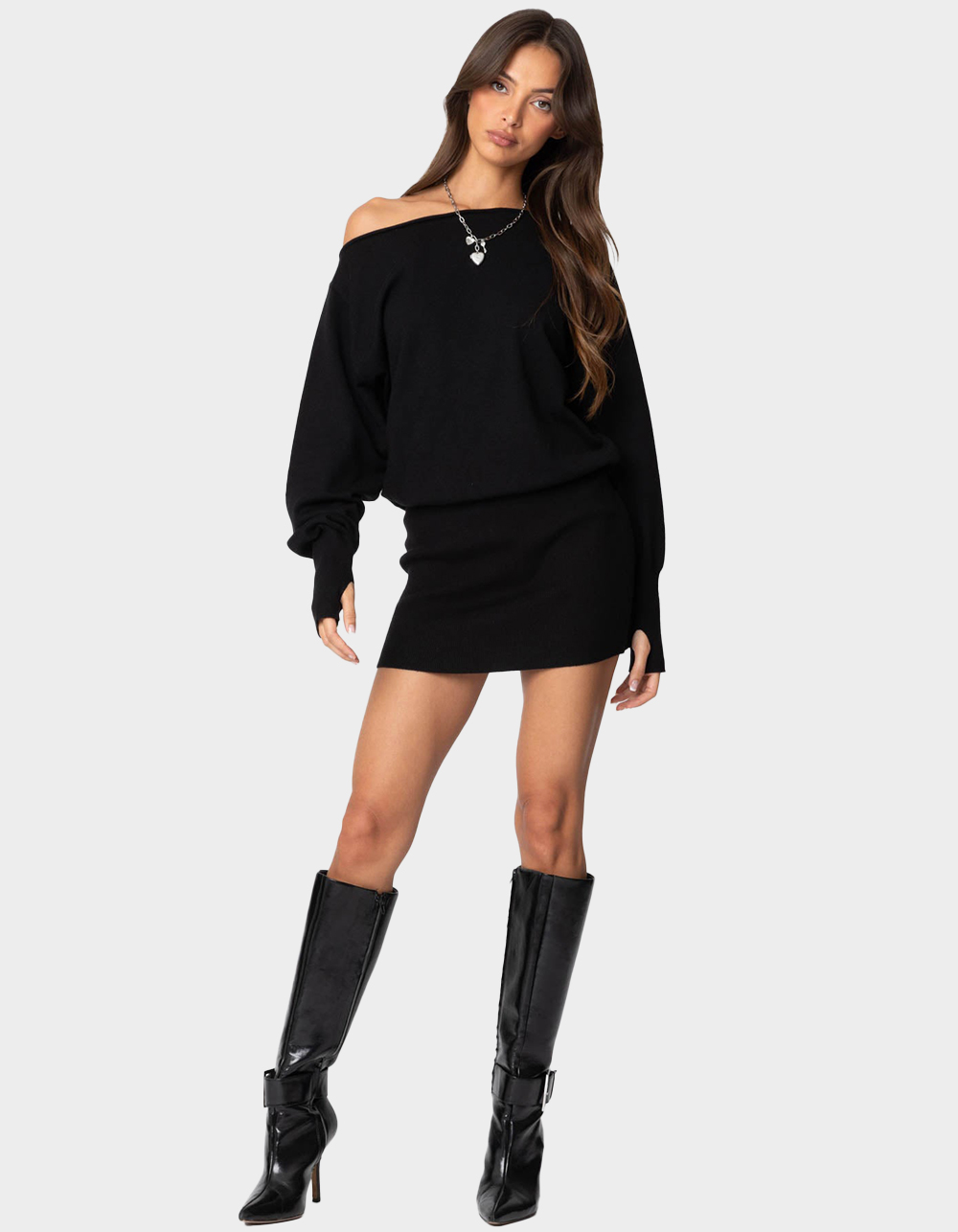 EDIKTED Eve Off Shoulder Knit Mini Dress - BLACK