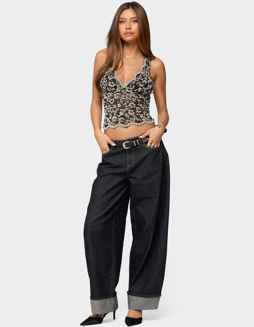 EDIKTED Araura Velvet Floral Sheer Top - BLACK