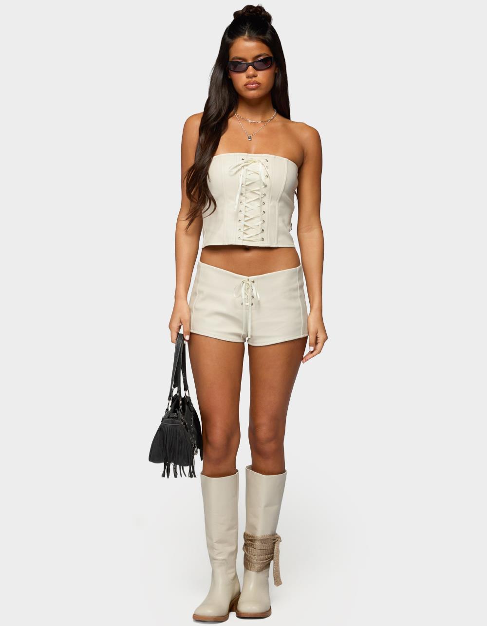 EDIKTED Wilde Lace Up Faux Leather Shorts - WHITE