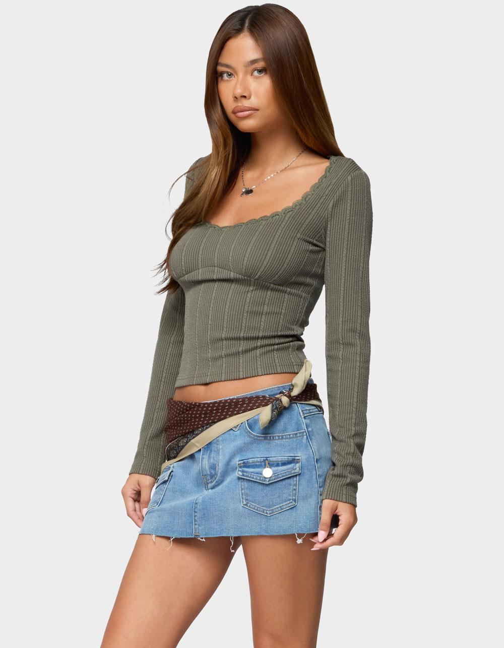 EDIKTED Beatrix Lacey Ribbed Top - DK GREEN