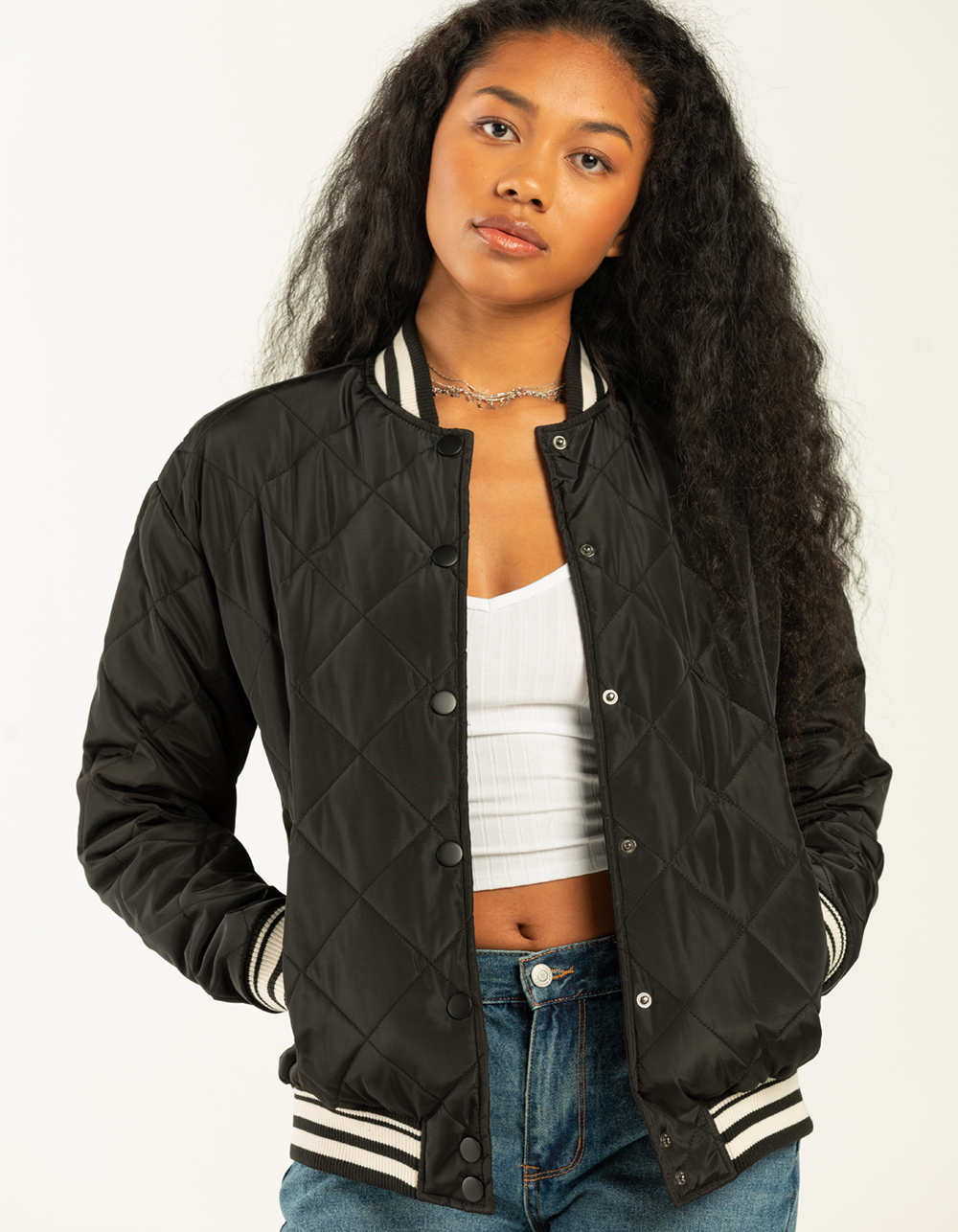 RSQ Womens Quilted Varsity Bomber Jacket - BLK/WHT | Tillys