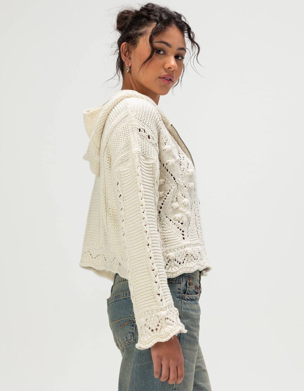 BDG Urban Outfitters Crochet Womens Zip-Up Hoodie - CREAM