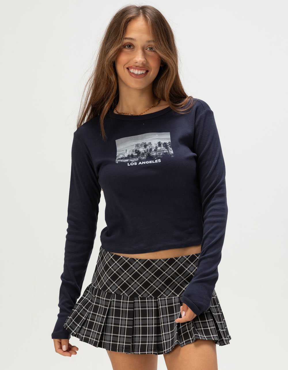 FULL TILT LA Photo Womens Long Sleeve Baby Tee - NAVY