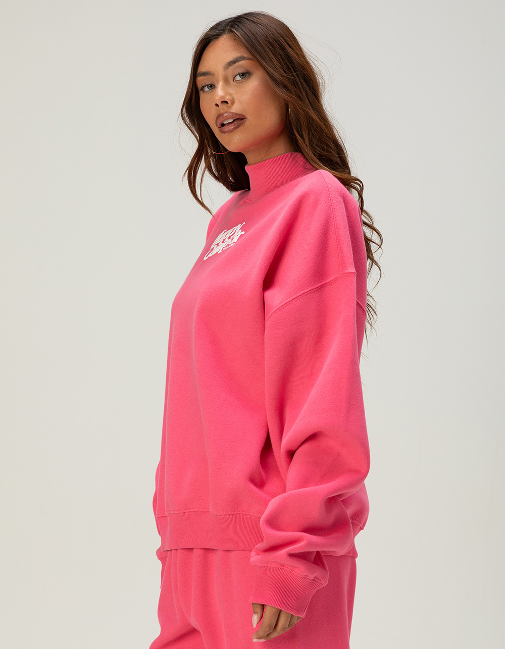 HAPPY CAMP3R Womens Mock Neck Sweatshirt - HOT PINK