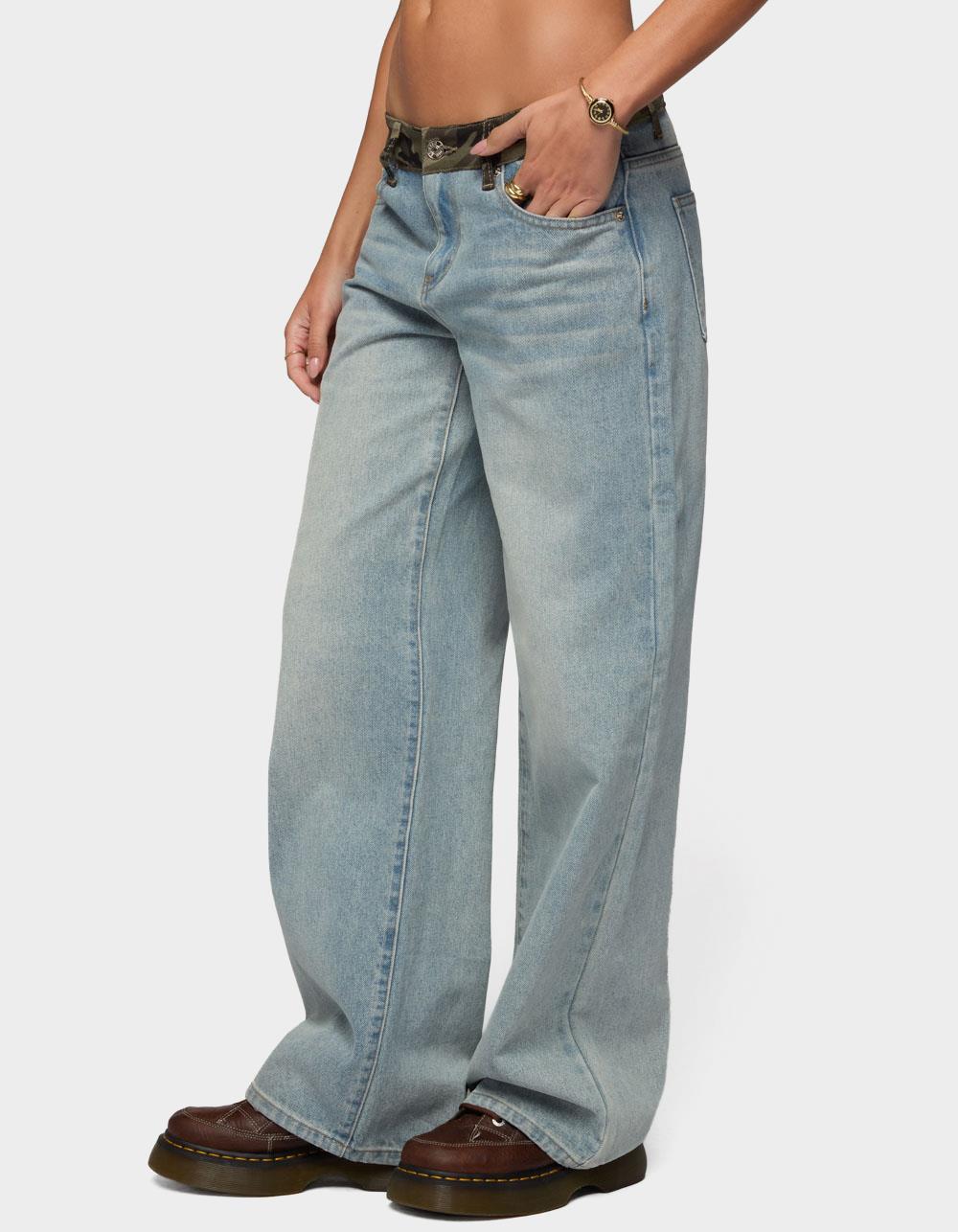 EDIKTED Camo Waist Low Rise Baggy Jeans - LIGHT BLUE
