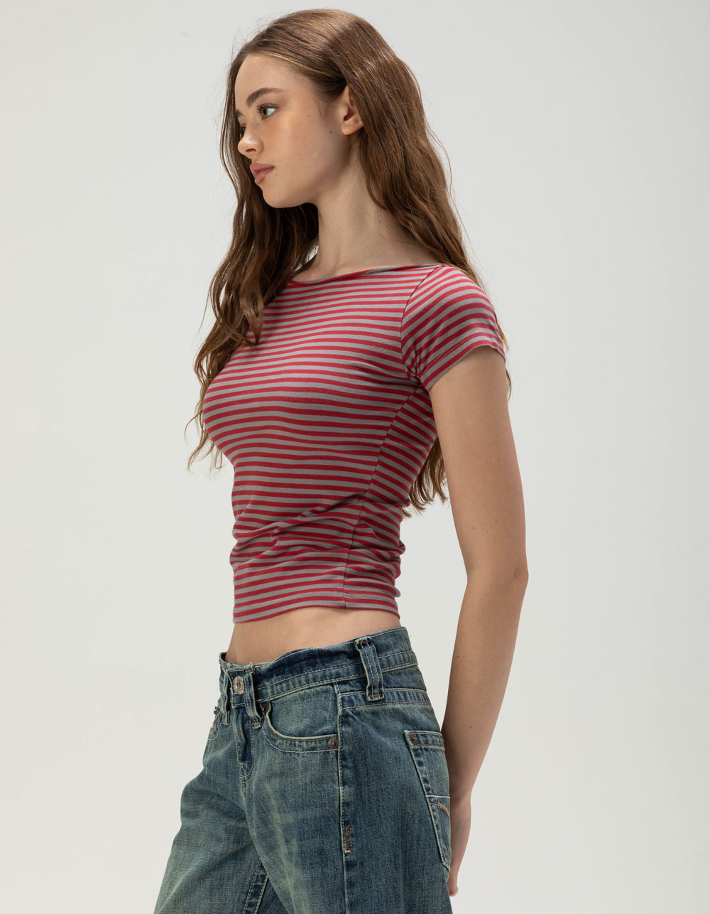 BDG Urban Outfitters Womens Stripe Boat Neck Tee - RED COMBO