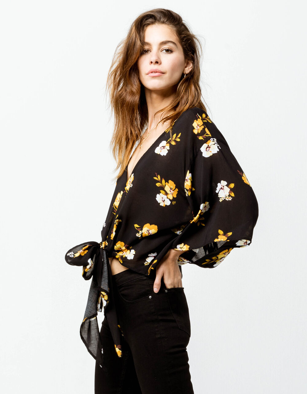 POLLY & ESTHER Kimono Floral Tie Front Black Womens Top - BLACK | Tillys