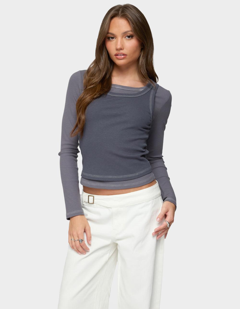 EDIKTED Zane Contrast Layered Long Sleeve Top - GRAY
