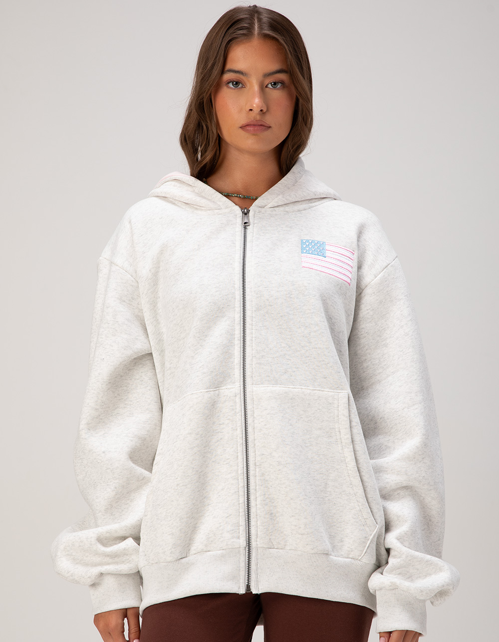 HAPPY CAMP3R Pink Flag Womens Zip-Up Hoodie - HEATHER GRAY