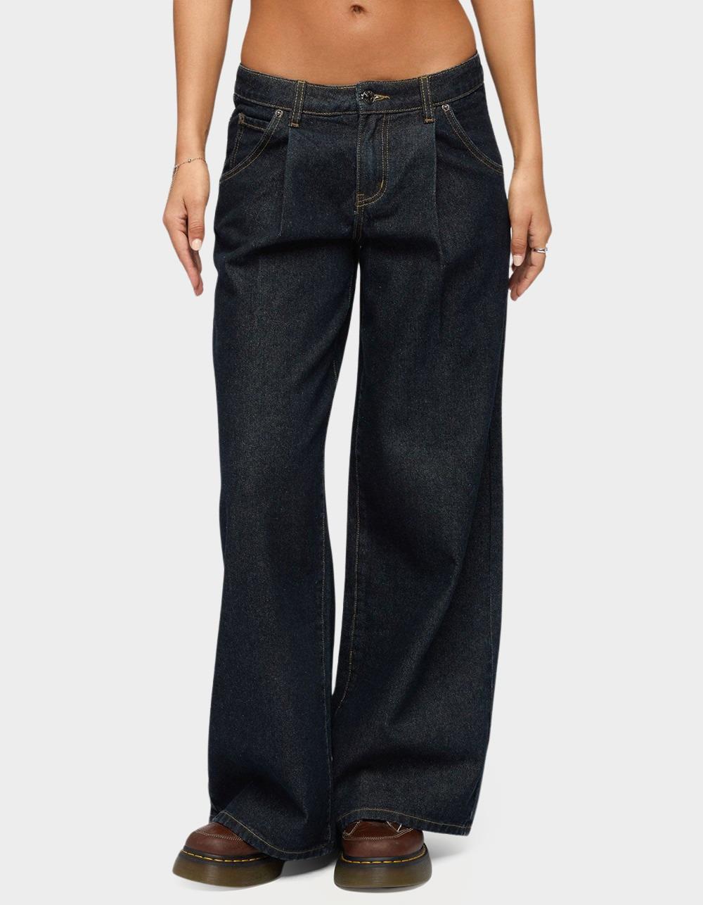 EDIKTED Pleated Low Rise Wide Leg Jeans - DARK BLUE