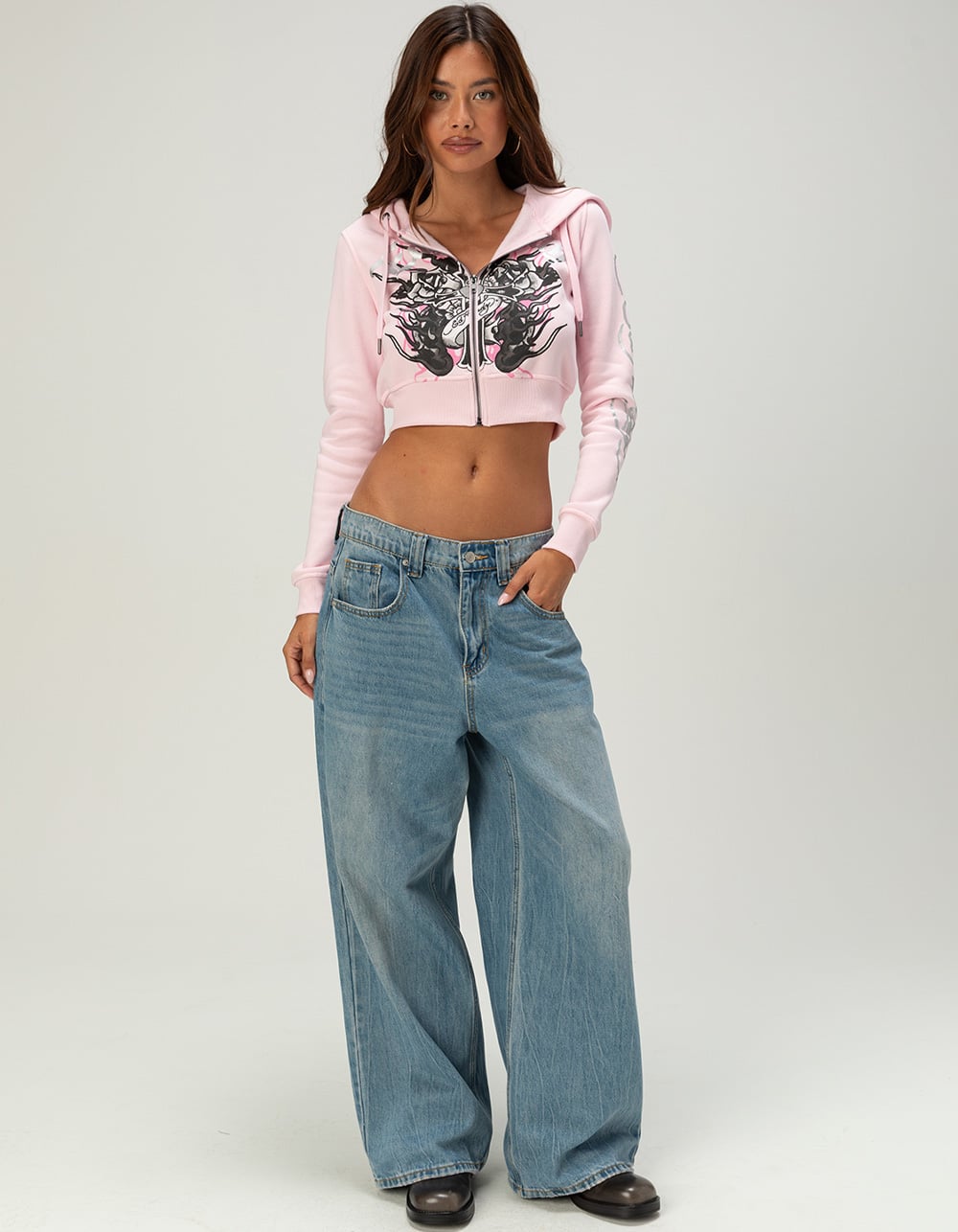 ED HARDY Flame Cross Womens Zip-Up Crop Hoodie - PINK