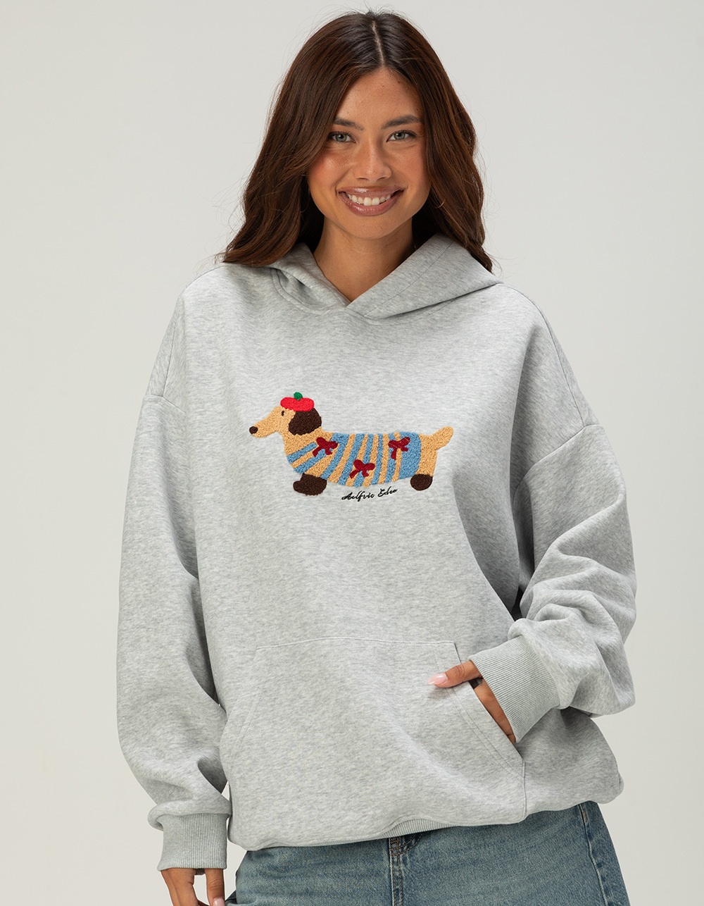 AELFRIC EDEN Cartoon Dog Womens Oversized Hoodie - HEATHER GRAY