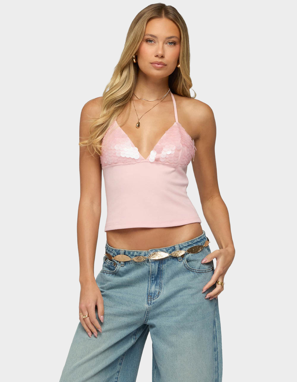 EDIKTED Katelyn Sequin Halter Top - LIGHT PINK