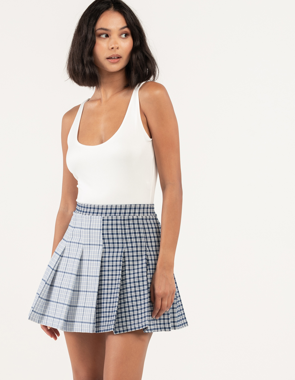 FULL TILT Spliced Plaid Skirt - NAVY/WHITE