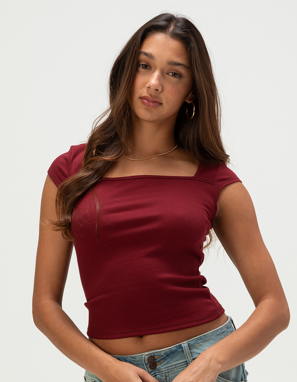 HEART & HIPS Womens Square Neck Cap Sleeve Top