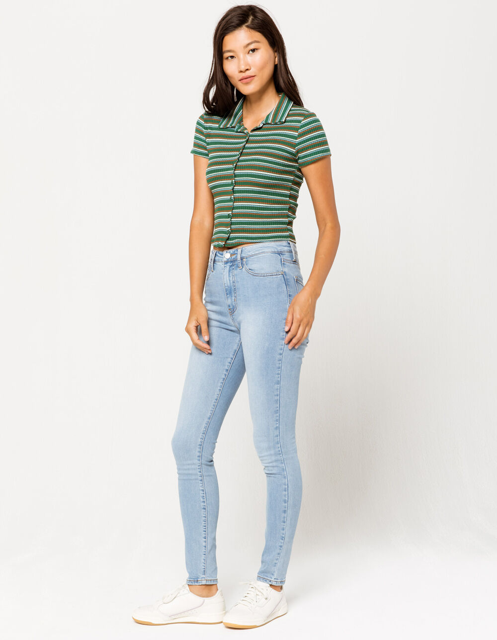 SKY AND SPARROW Stripe Button Front Womens Polo Shirt - HUNTER | Tillys