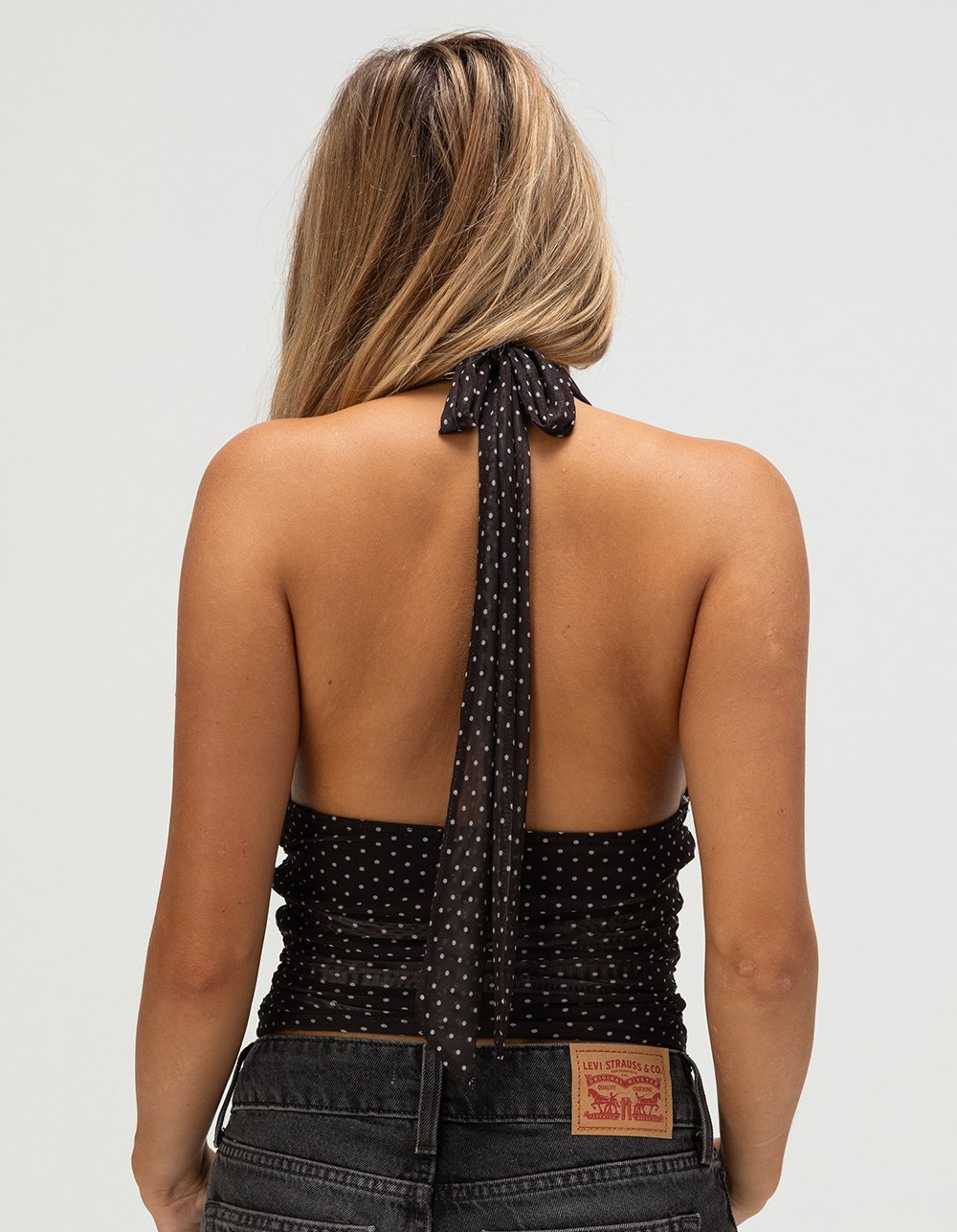 FULL TILT Polka Dot Womens Mesh Halter Top - BLACK/WHITE