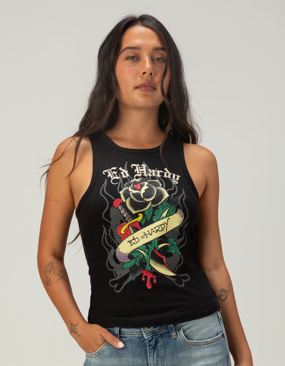 Ed Hardy ストーン レディース タンクトップ Ed Hardy Women's Rhinestone Rose Tank Black | Culture Kings US