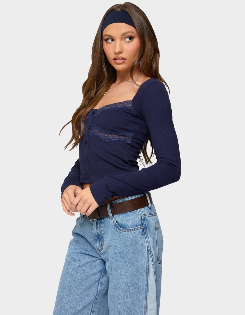 EDIKTED Kathi Lacey Long Sleeve Top - NAVY