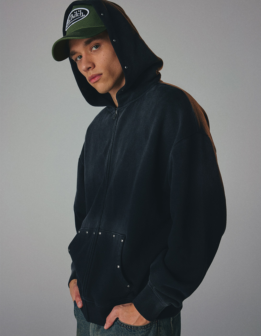 RSQ Mens Studded Zip-Up Hoodie - BLACK