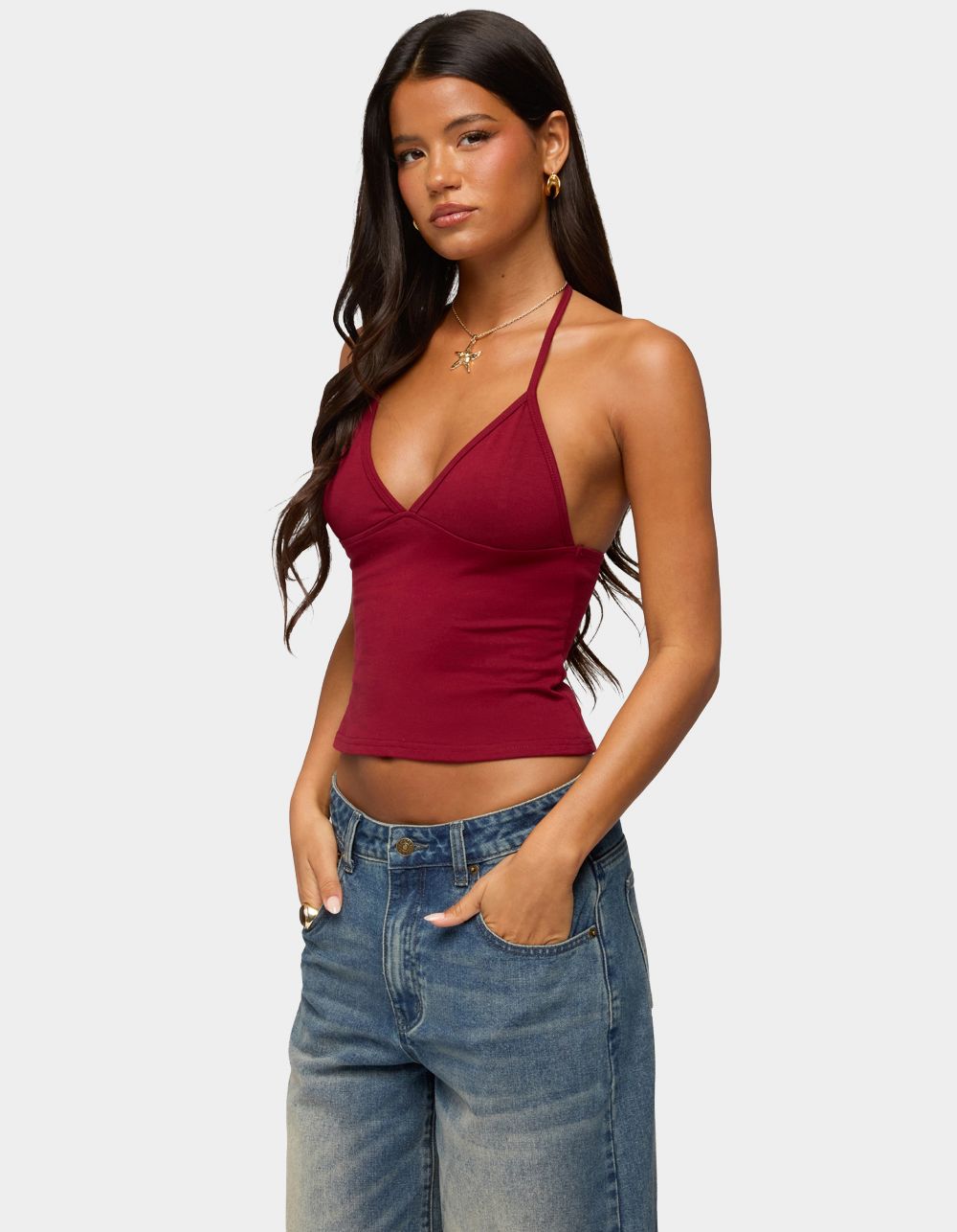 EDIKTED Noriah V-Neck Halter Top - DK RED