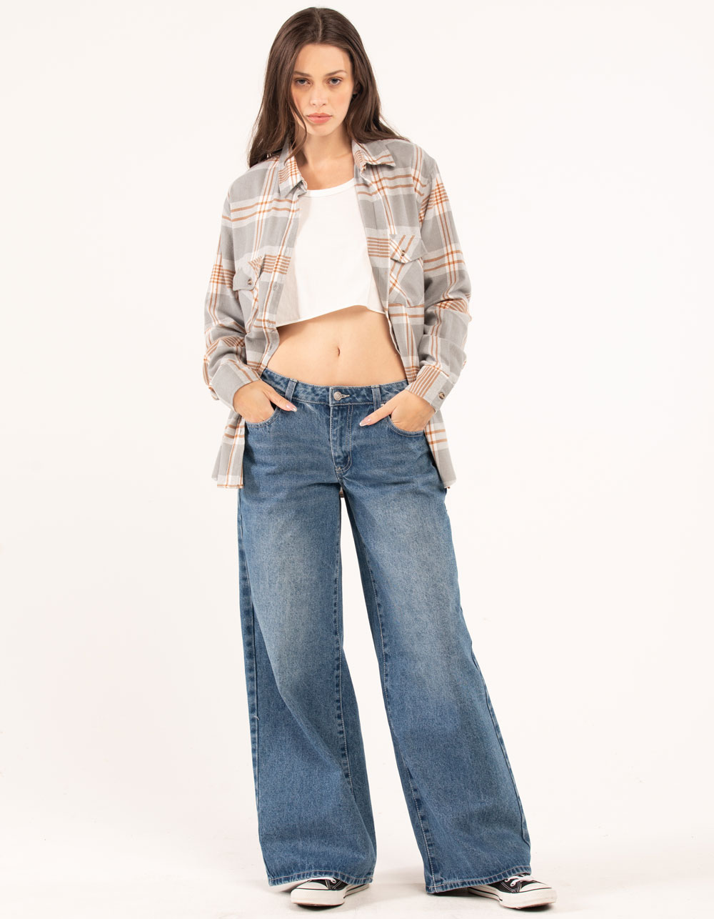 RSQ Womens Plaid Oversized Flannel GRAY Tillys