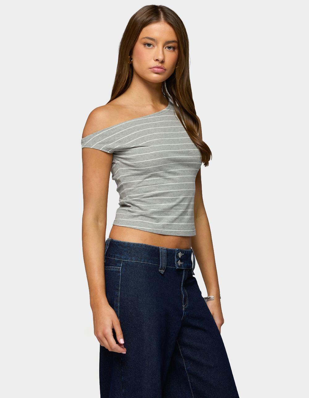 EDIKTED Keryn Striped Off Shoulder Top - GRAY