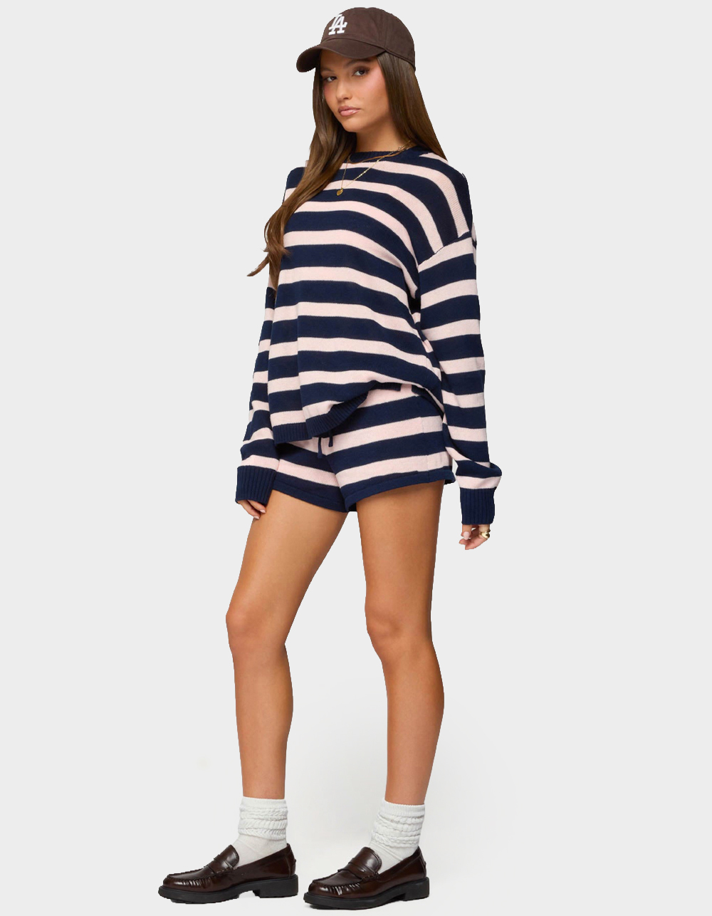 EDIKTED Amaris Striped Knit Shorts - NAVY