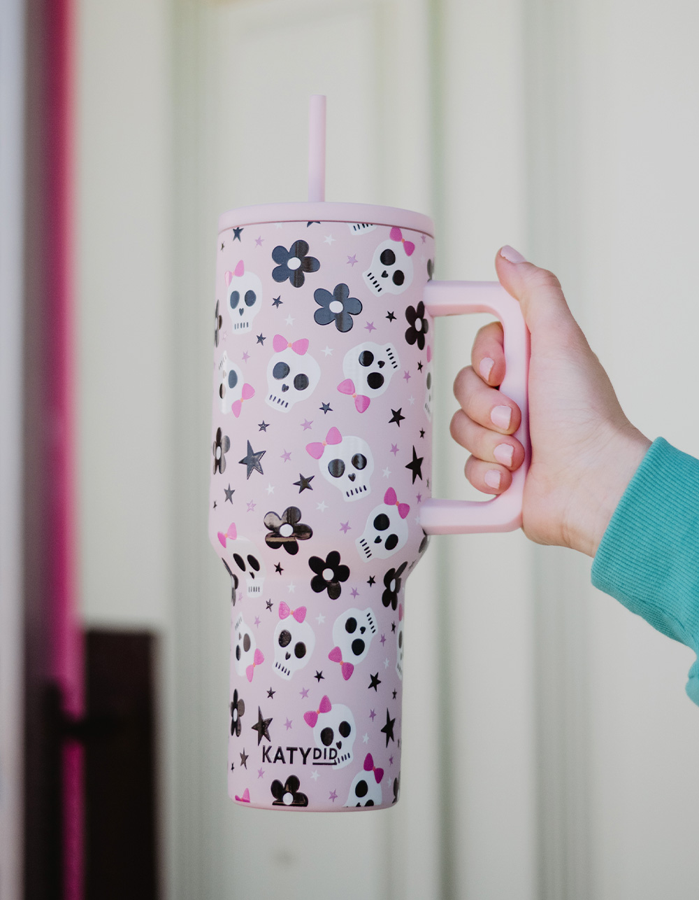 KATYDID Skull Flower Bow 38 oz Tumbler - LIGHT PINK