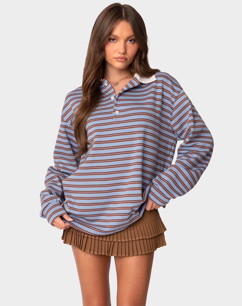 EDIKTED Stripey Oversized Collared Shirt - BLUE