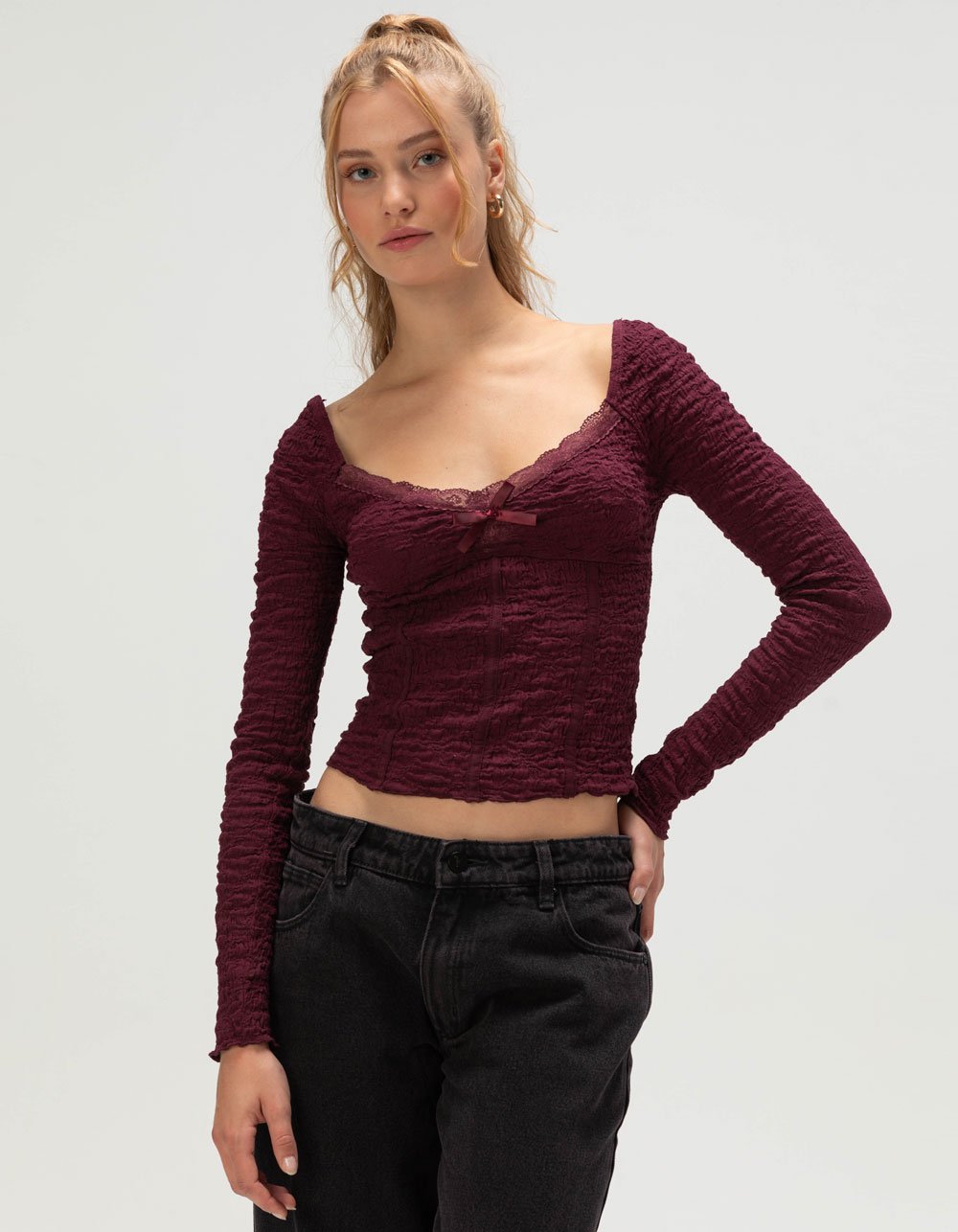 WEST OF MELROSE Womens Lace Trim Top - BURGUNDY