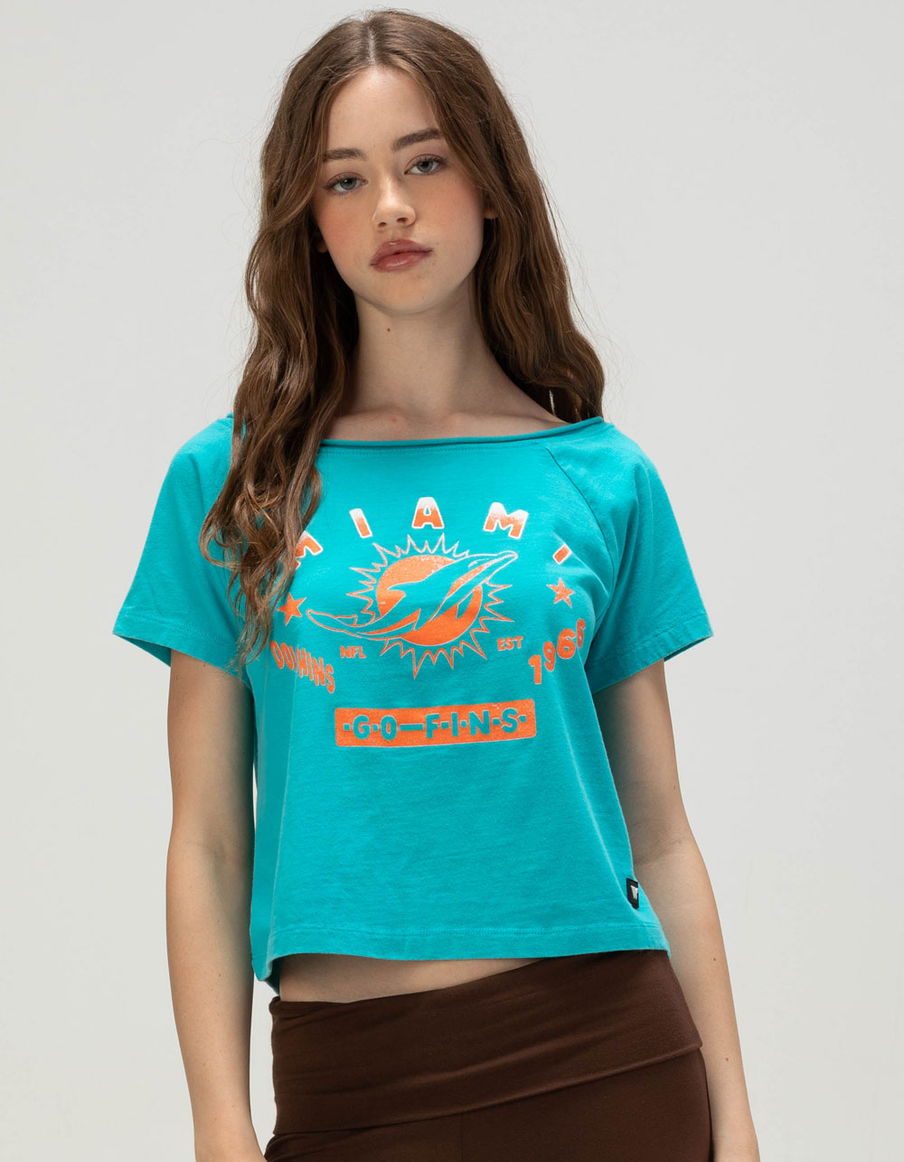 The WILD COLLECTIVE Miami Dolphins Womens Off Shoulder Tee - BLUE