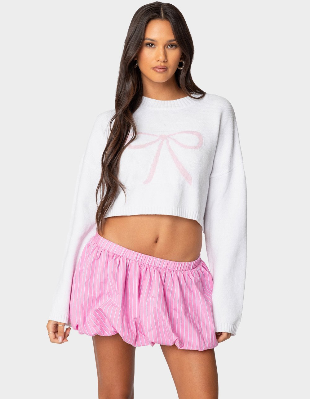 EDIKTED Knit Bow Cropped Sweater - WHITE