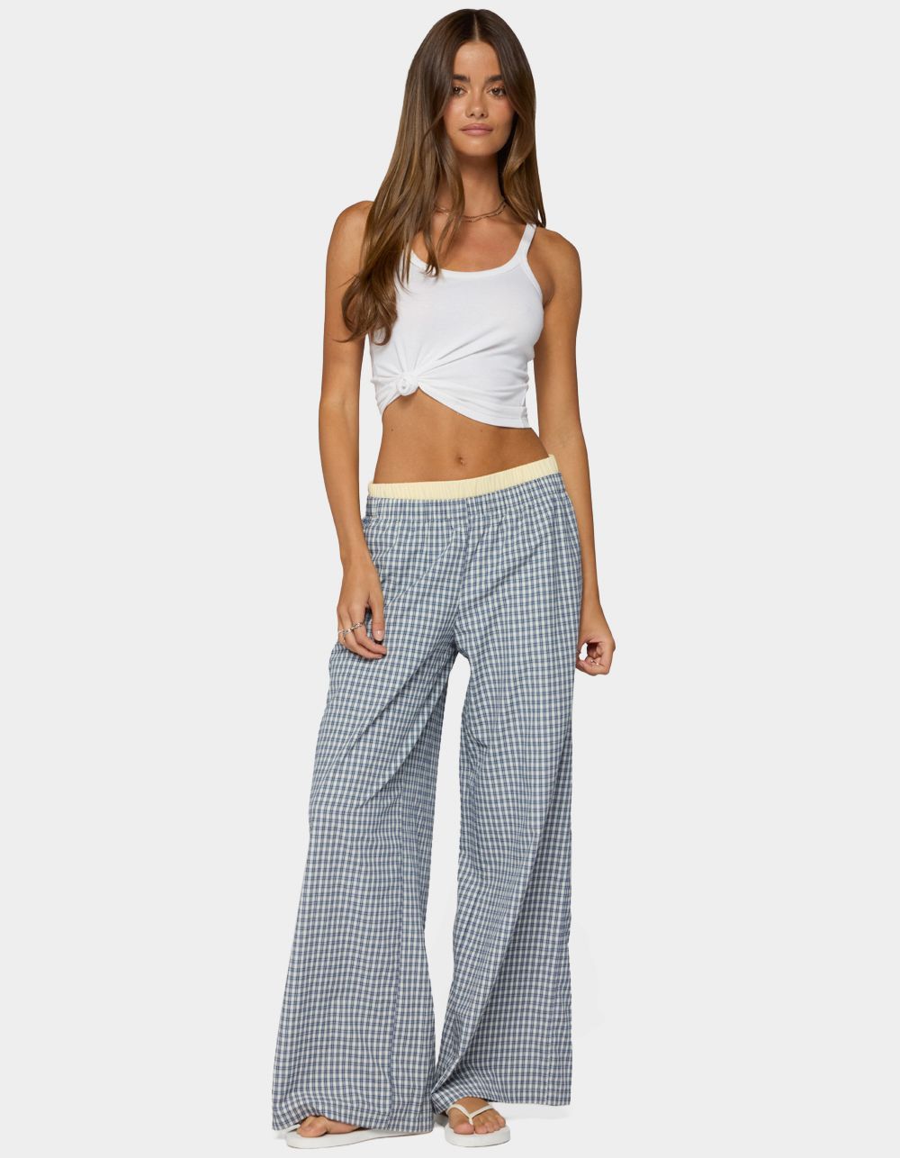 EDIKTED Indya Contrast Plaid Wide Leg Pants - NAVY