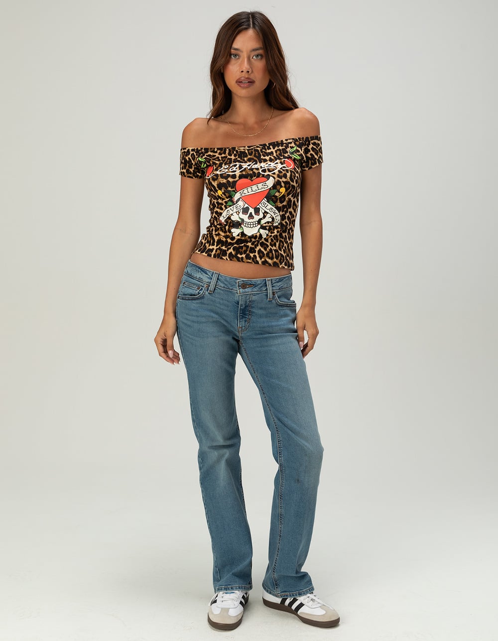ED HARDY LKS Cherries Womens Off The Shoulder Top - LEOPARD