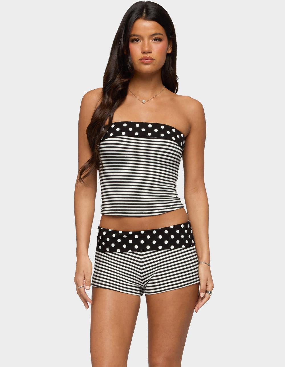 EDIKTED Presley Stripe & Polka Dot Foldover Tube Top - BLACK