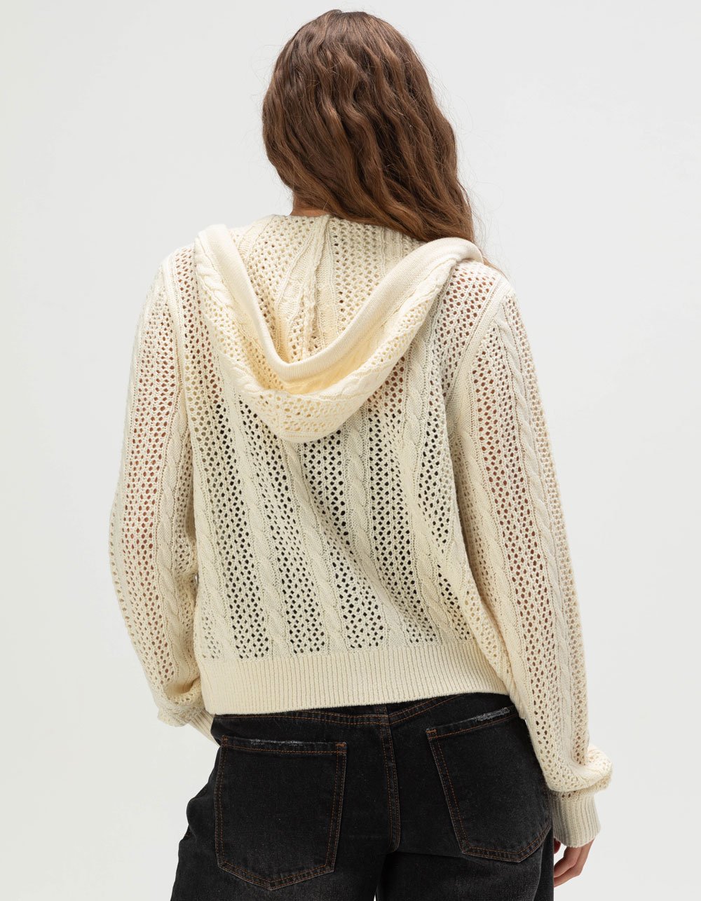 RSQ Womens Open Knit Zip-Up Hooded Sweater