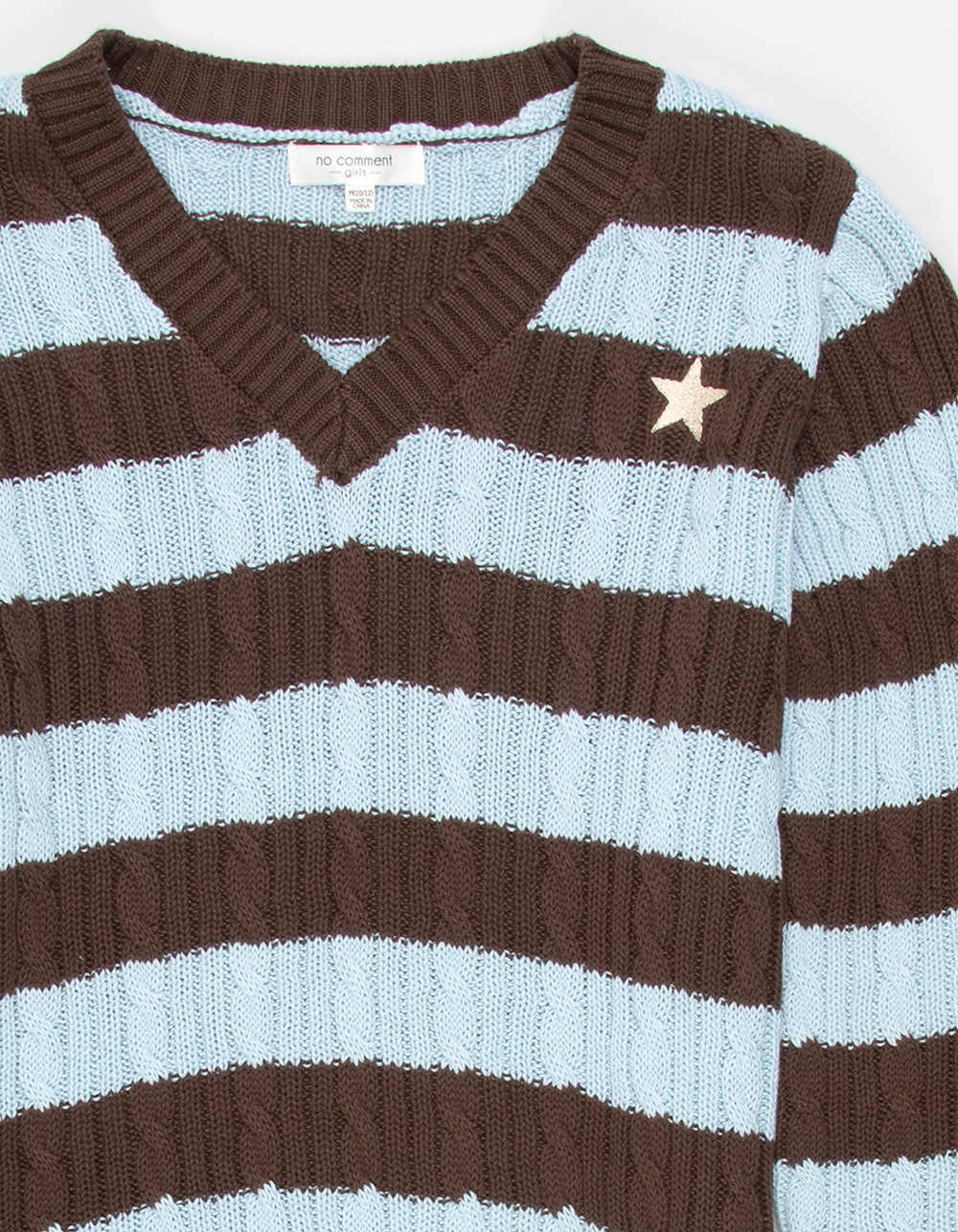 NO COMMENT Stripe Girls Cable Knit V-Neck Sweater - BLUE COMBO