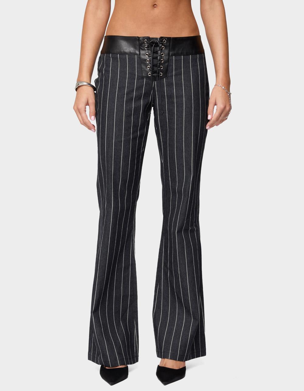 EDIKTED Pinstripe & Faux Leather Low Rise Flared Jeans - DARK BLUE