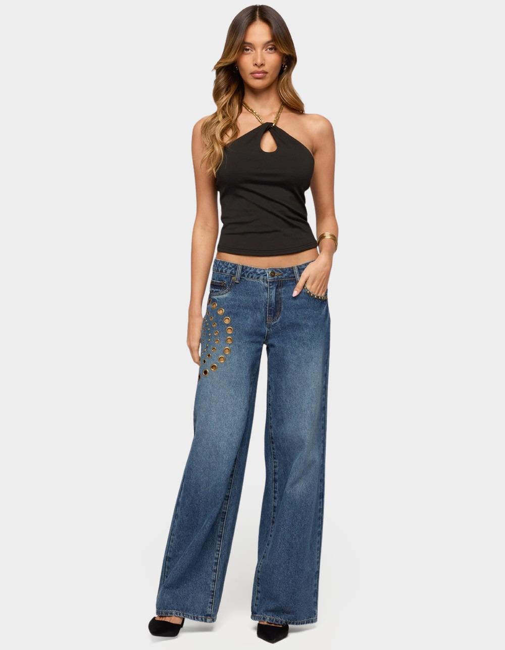 EDIKTED Alizie Beaded Chain Keyhole Halter Top - BLACK