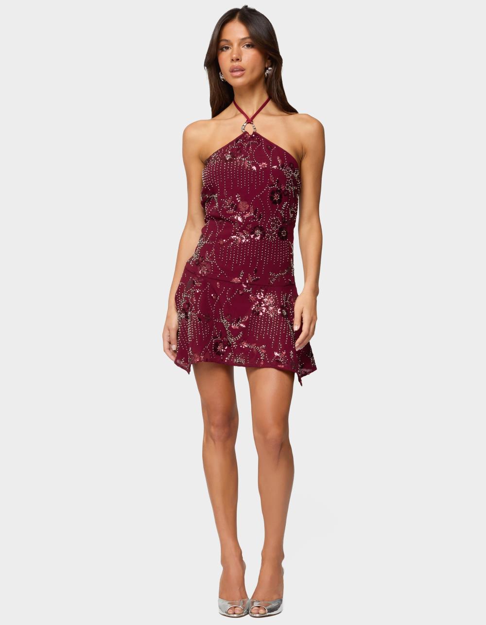 EDIKTED Adria Bead & Sequin Mini Dress - DK RED