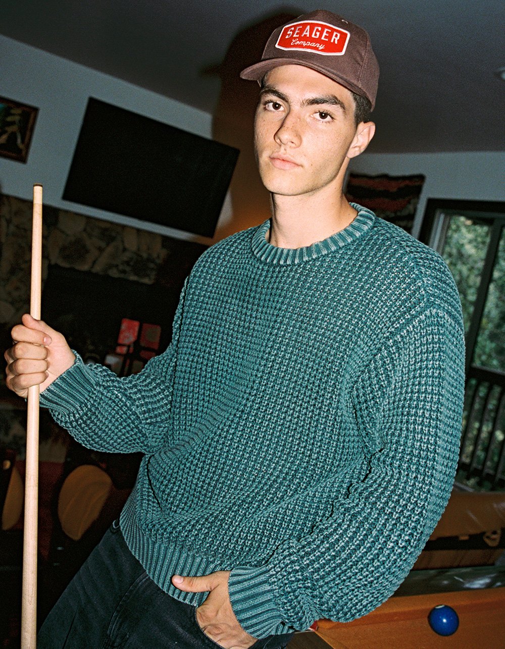 RSQ Mens Washed Waffle Sweater - GREEN