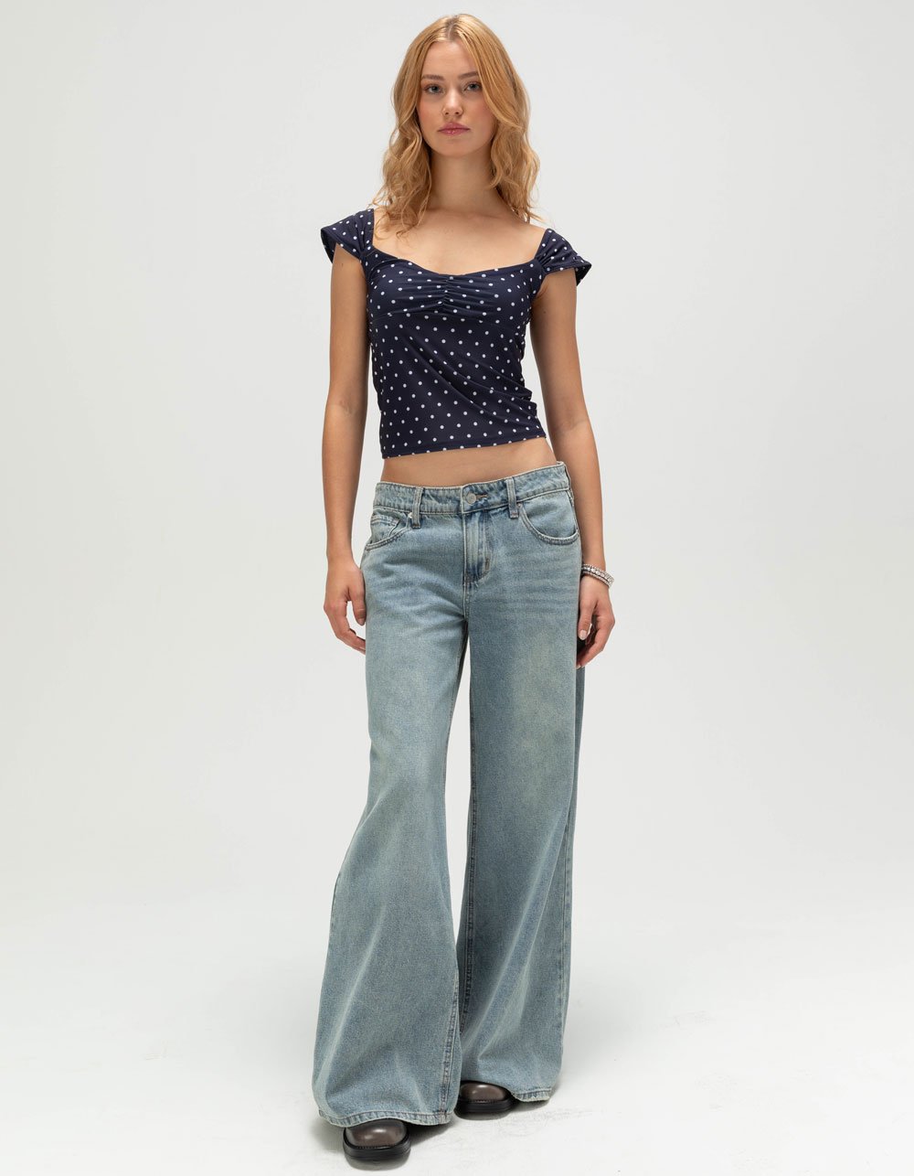 TILLYS Butter Soft Polka Dot Womens Cap Sleeve Cinch Front Top - NAVY COMBO