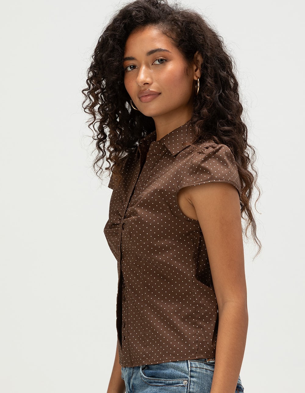 LOVE TREE Womens Polka Dot Button Up Shirt