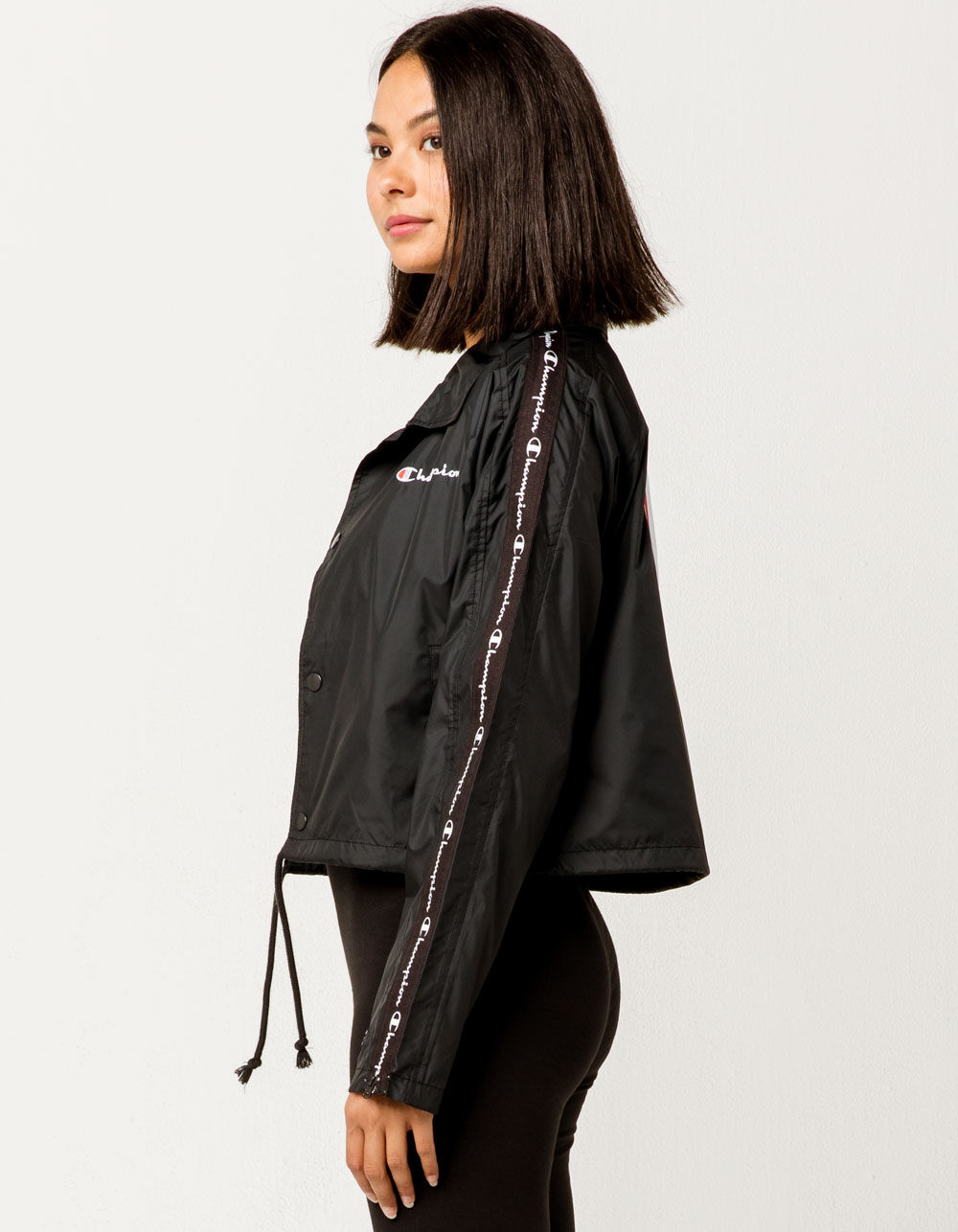 CHAMPION Zipper Tape Cropped Womens Coaches Jacket - BLACK | Tillys