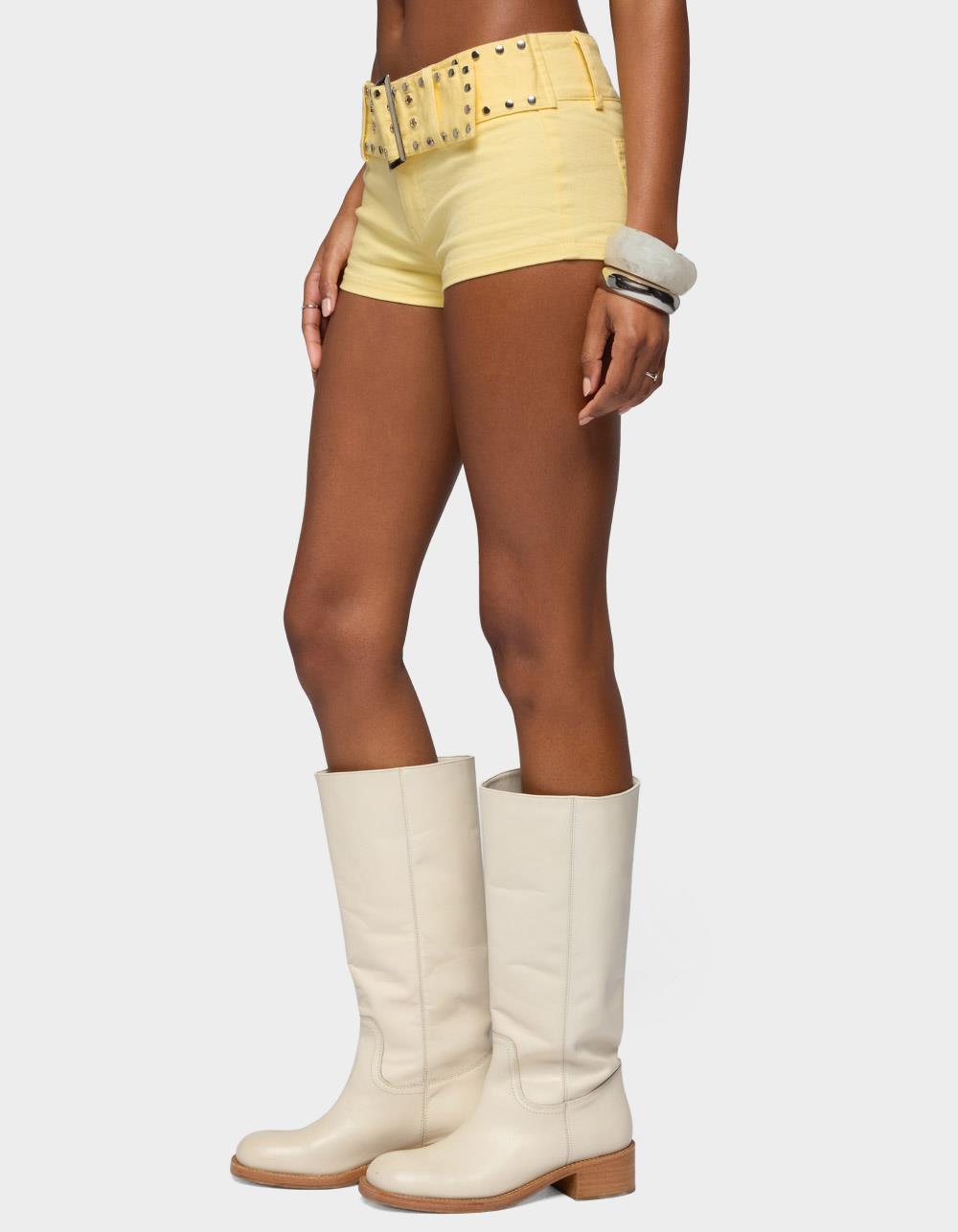 EDIKTED Studded Belt Denim Micro Shorts - YELLOW