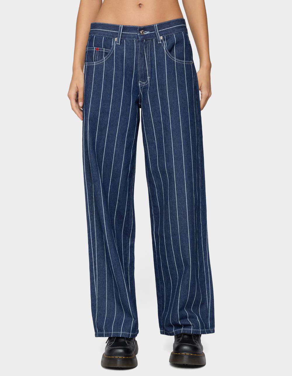 EDIKTED Kyler Pinstripe Low Rise Jeans - DARK BLUE